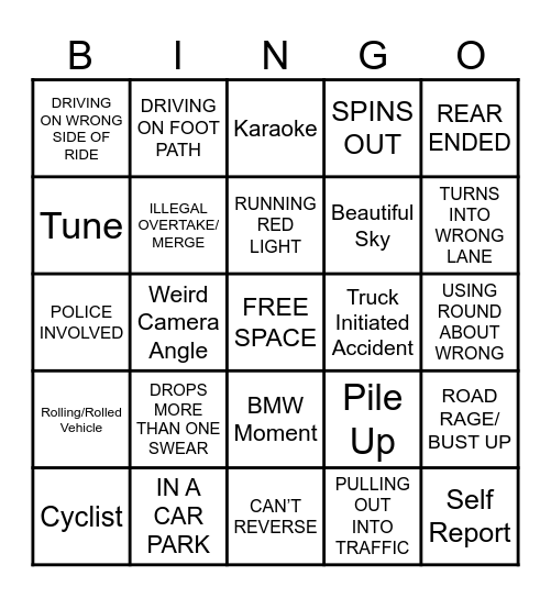 DASH CAM BINGO Card