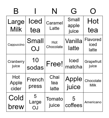 Beverage bingo Card