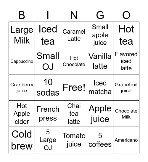 Beverage bingo Card