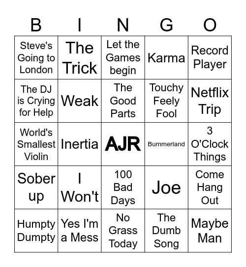 AJR Songs Bingo Card
