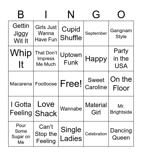 Party Songs Bingo Card