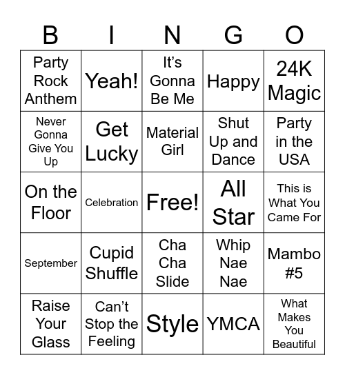 Party Songs Bingo Card