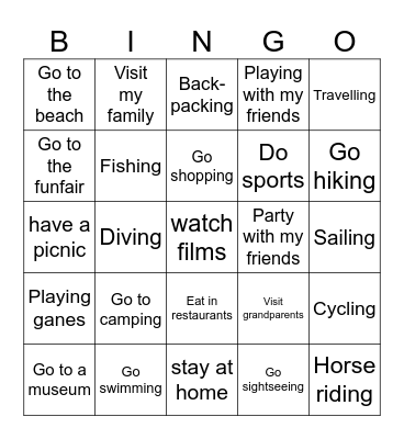 Holiday Activities Bingo Card
