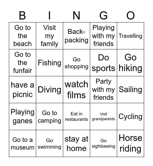Holiday Activities Bingo Card
