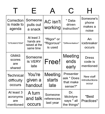 Teacher Talk Bingo Card