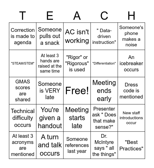 Teacher Talk Bingo Card