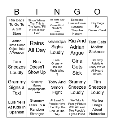 Unhinged Family Bingo Card