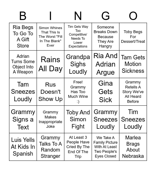 Unhinged Family Bingo Card