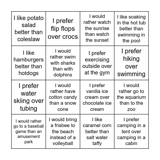 Summer Would You Rather Bingo Card