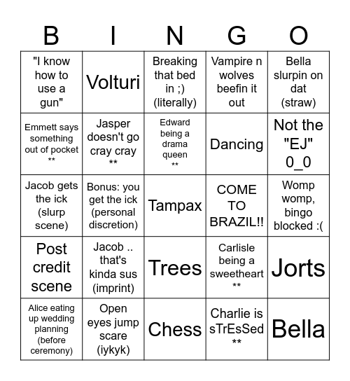 Twilight Breaking Dawn Part 1 Bingo Card