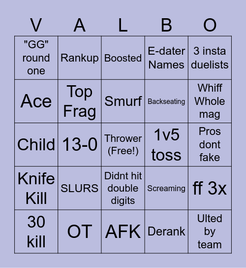 Valorant Bingo Card