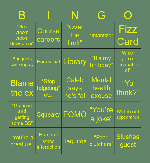 Angry Caleb Bingo Card