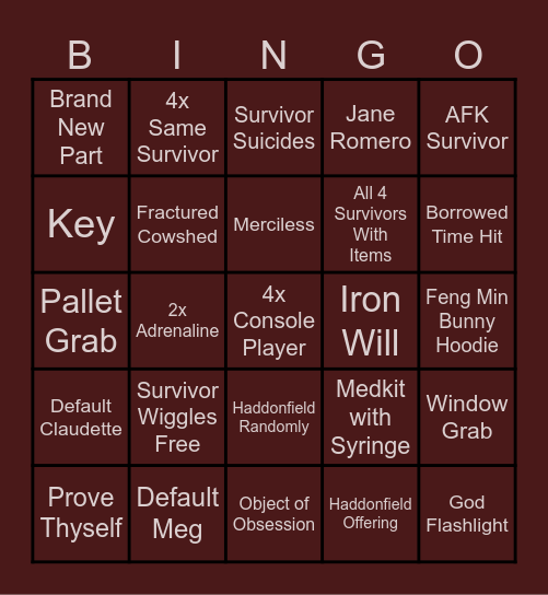 DBD Killer Bingo Card