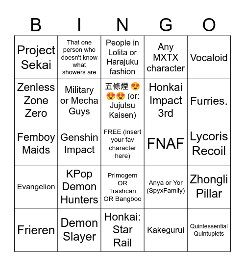 people/fandoms you see at hk acg 2025 bingo Card