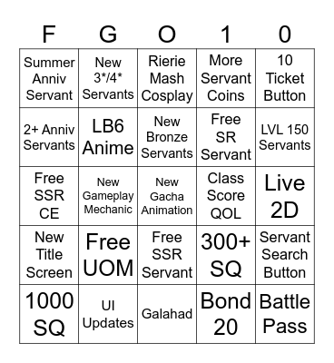 FGO 10th Anniversary Bingo Card
