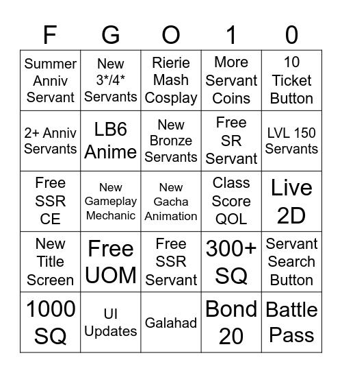 FGO 10th Anniversary Bingo Card