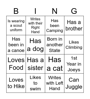 Joey Scout Bingo Card
