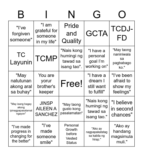 Therapeutic Bingo Card