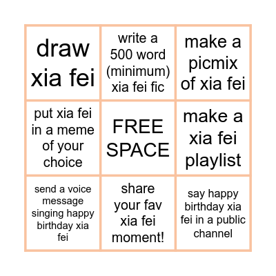 xia fei bday bingo! Bingo Card