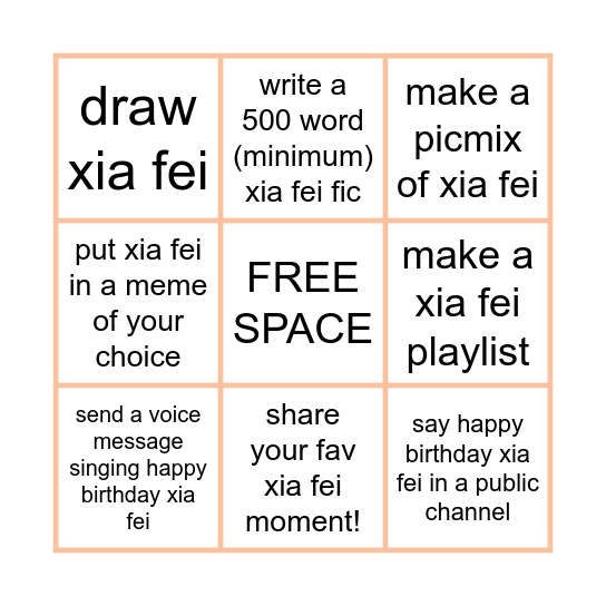 xia fei bday bingo! Bingo Card