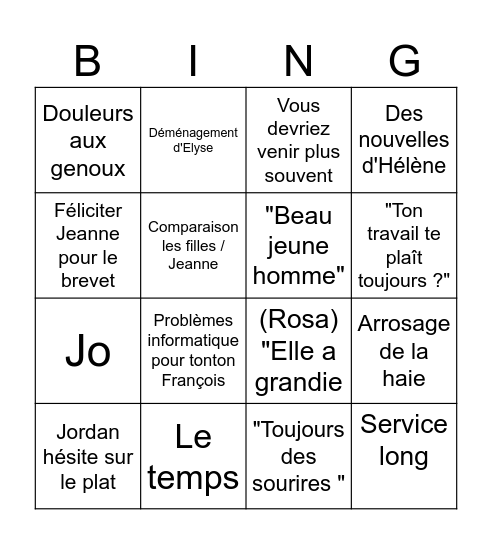 Repas mamie Bingo Card