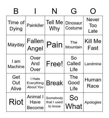 Three Days Grace Concert Bingo Card