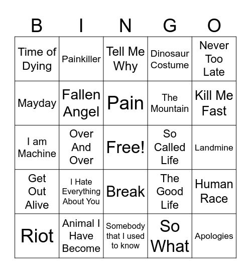 Three Days Grace Concert Bingo Card
