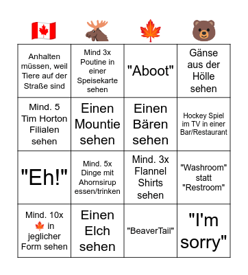 Canada Bingo Card
