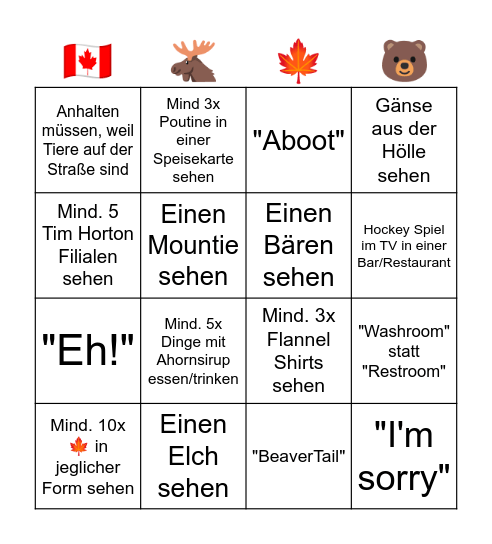 Canada Bingo Card