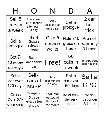 Honda New Car Bingo Card
