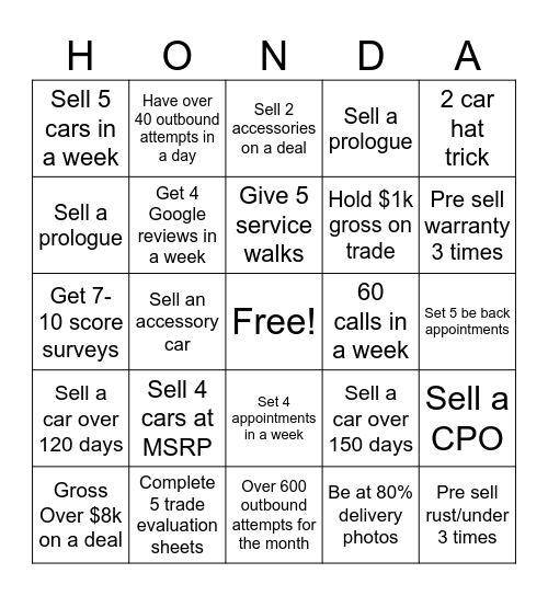 Honda New Car Bingo Card