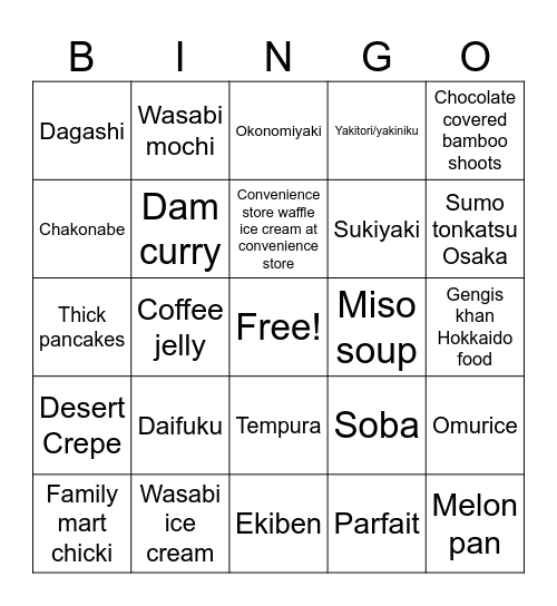 Japanese Food Bingo Card