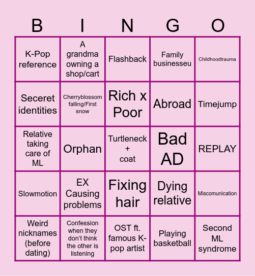 Romantic Comedy bingo (KDrama) Bingo Card