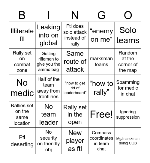 Fireteam Bingo Card