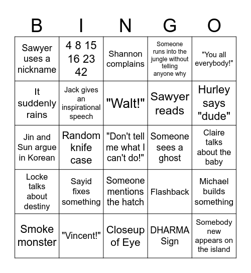 Lost Bingo Season 1 Bingo Card