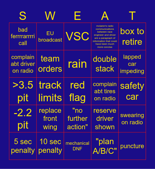 NO MORE RADIO FOR THE REST OF THE RACE Bingo Card