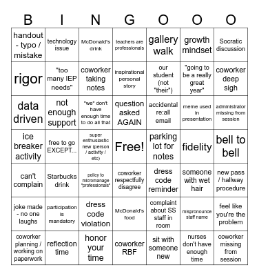 Back To School Bingo Card