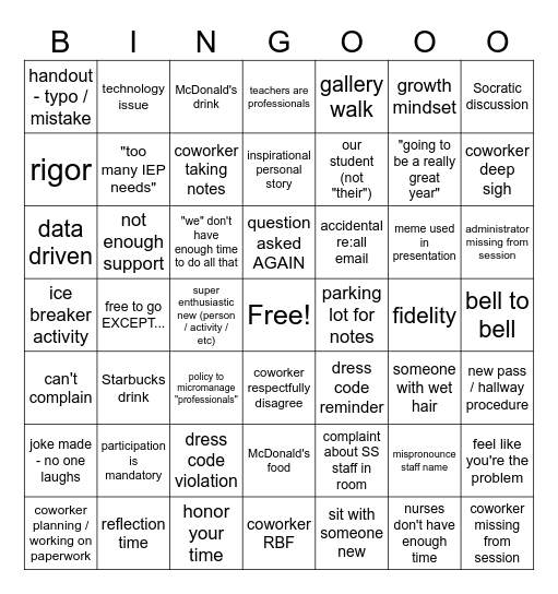 Back To School Bingo Card