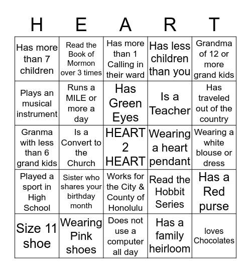 HEART 2 HEART Bingo Card