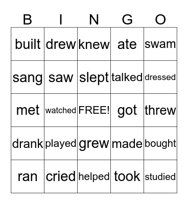 Regular and Irregular Verbs (past tense) Bingo Card