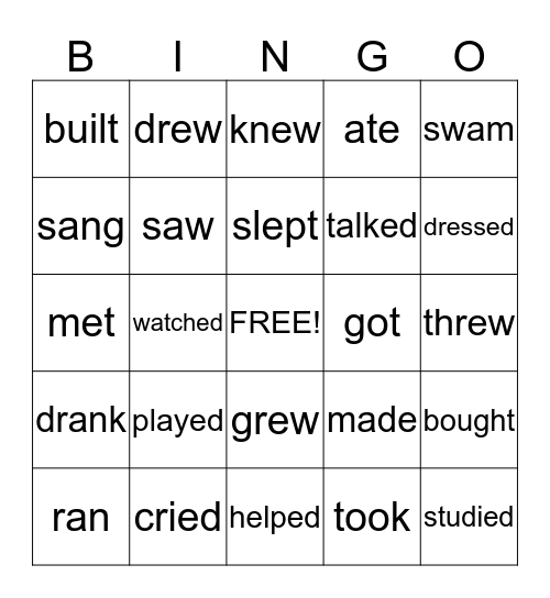 Regular and Irregular Verbs (past tense) Bingo Card