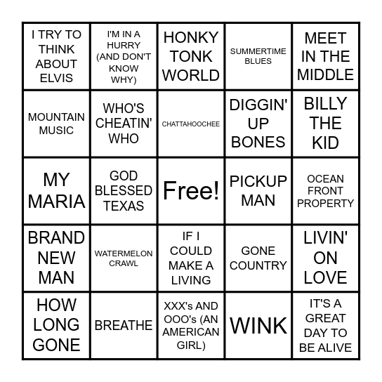 MOSTLY 90s COUNTRY HITS Bingo Card