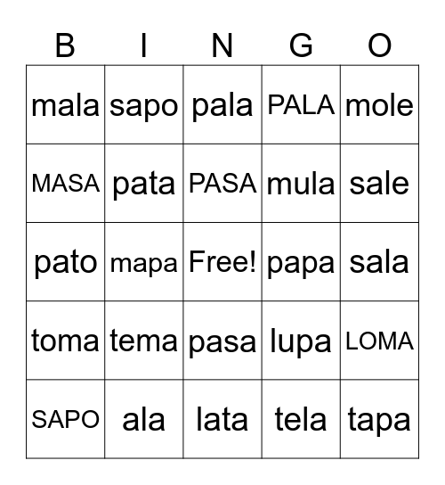 palabras 2 silabas Bingo Card