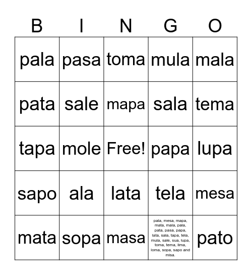 palabras 2 silabas Bingo Card