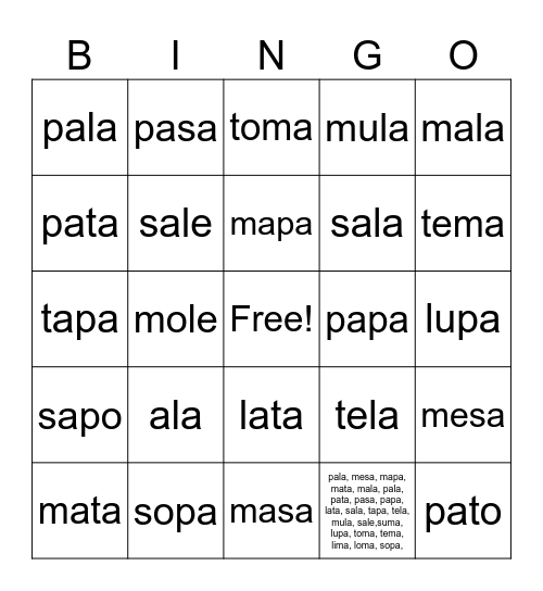 palabras 2 silabas Bingo Card