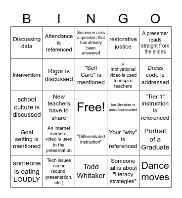 Faculty Meeting/ Back to School Bingo Card