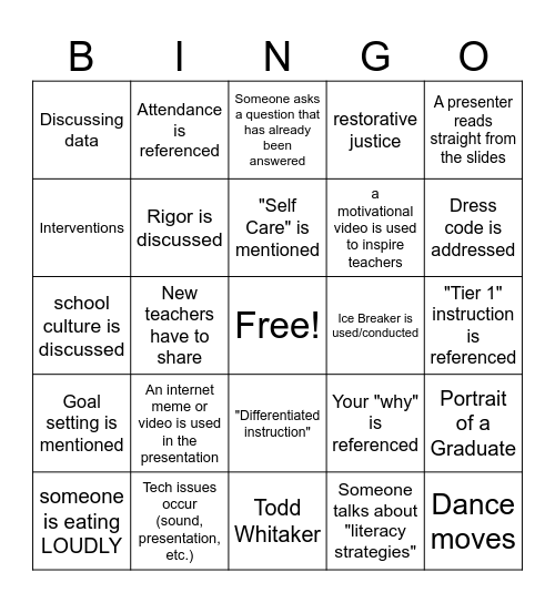 Faculty Meeting/ Back to School Bingo Card