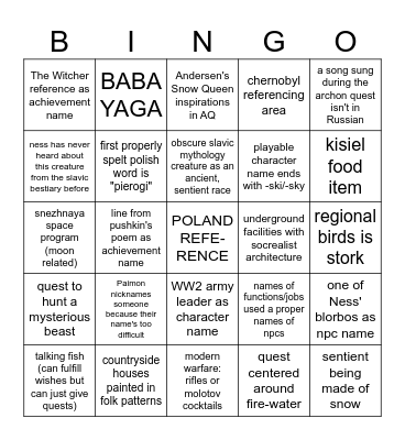 Ness' Snezhnaya bingo Card