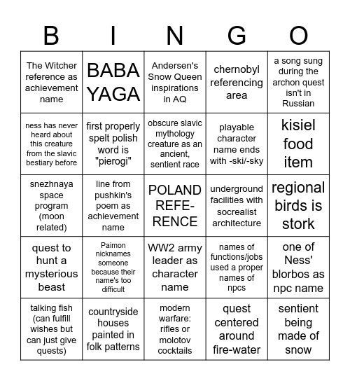 Ness' Snezhnaya bingo Card