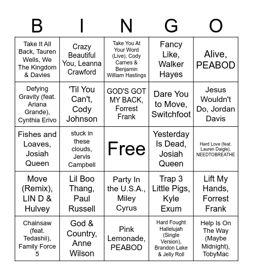 Simmons Music Roadtrip Bingo Card